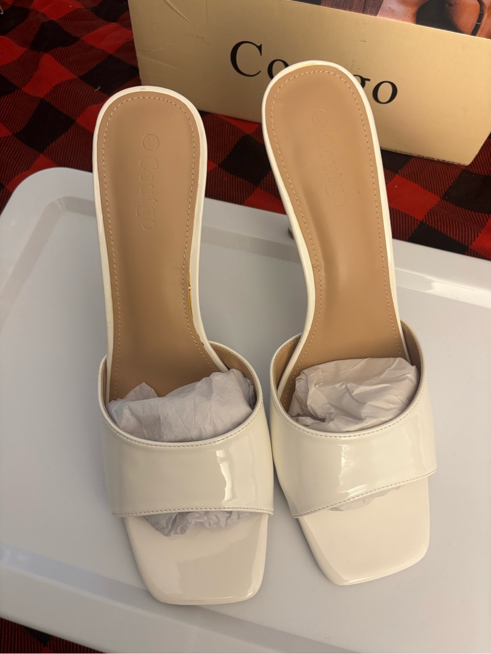 White Patent Slide Mules - Unknown Brand
